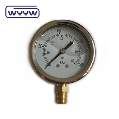 การเชื่อมต่อทองแดงคุณภาพสูง 1/4 &quot;BSP Double Scale Bar Psi EN837-1 Accurac 1.6 เครื่องวัดความดันที่เต็มไปด้วยของเหลว